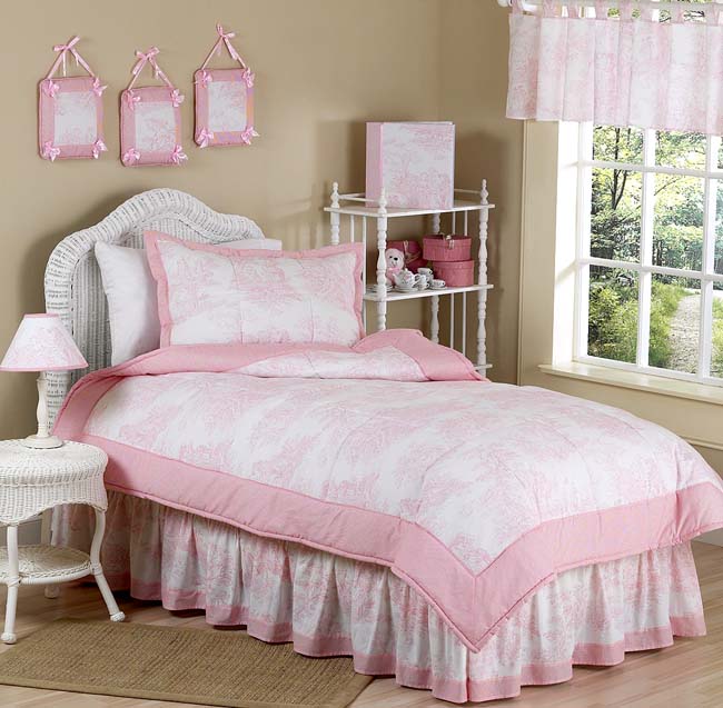 Pink Toile 4pc Twin Bedding Set, Toile Duvet Cover Twin Set